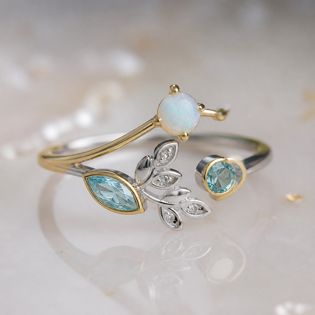 A minimalist women's ring made of mixed metal with opal and topaz and aquamarine stones suitable for festival. A modern women ring with little ornaments of modern motifs.
photorealistic jewelry design, A minimalist women's ring made of mixed metal with opal and topaz and aquamarine stones suitable for festival. A modern women ring with little ornaments of modern motifs., minimalist style, just the design no text