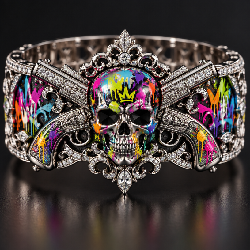 A medieval women's bracelet made of platinum suitable for formal. a skull with neon graffiti around the skull and pistols crossing
using the attached image as a visual reference, create A medieval women's bracelet made of platinum suitable for formal. a skull with neon graffiti around the skull and pistols crossing. photorealistic, just the design no text