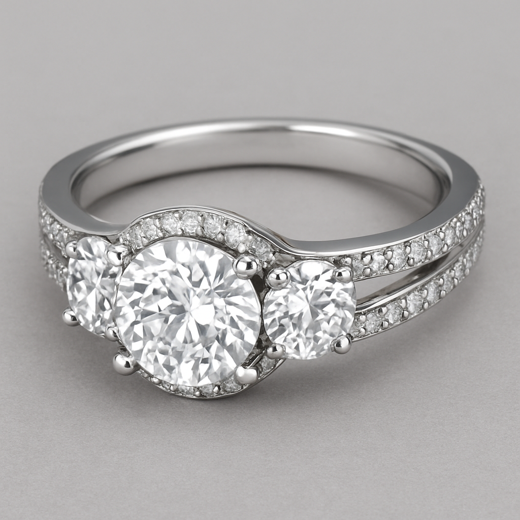 Elegant platinum 4 carat tw 3 stone ring with  hidden halo and pave split band