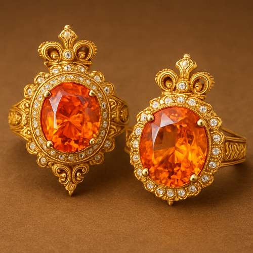 Make the rings have golden bands and orange saphire