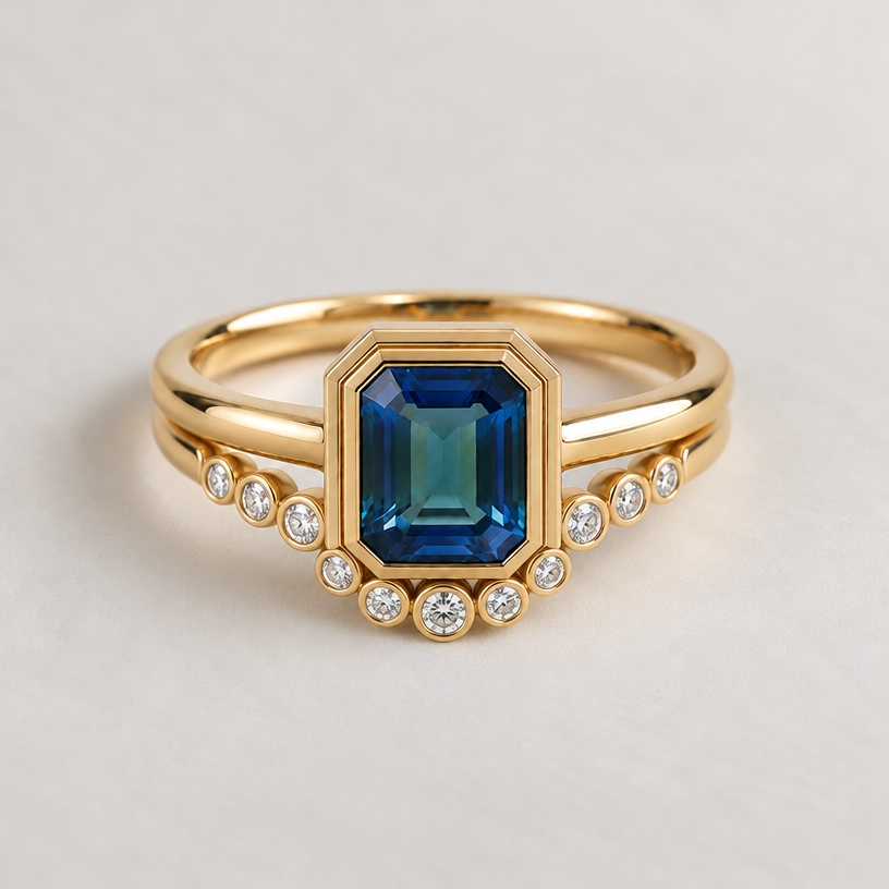 Create a stacker for this ring. Make it rounded with mele diamond in the arvo but bezel set
edit the attached jewelry design with these instructions: Create a stacker for this ring. Make it rounded with mele diamond in the arvo but bezel set. keep it photorealistic, just the design no text