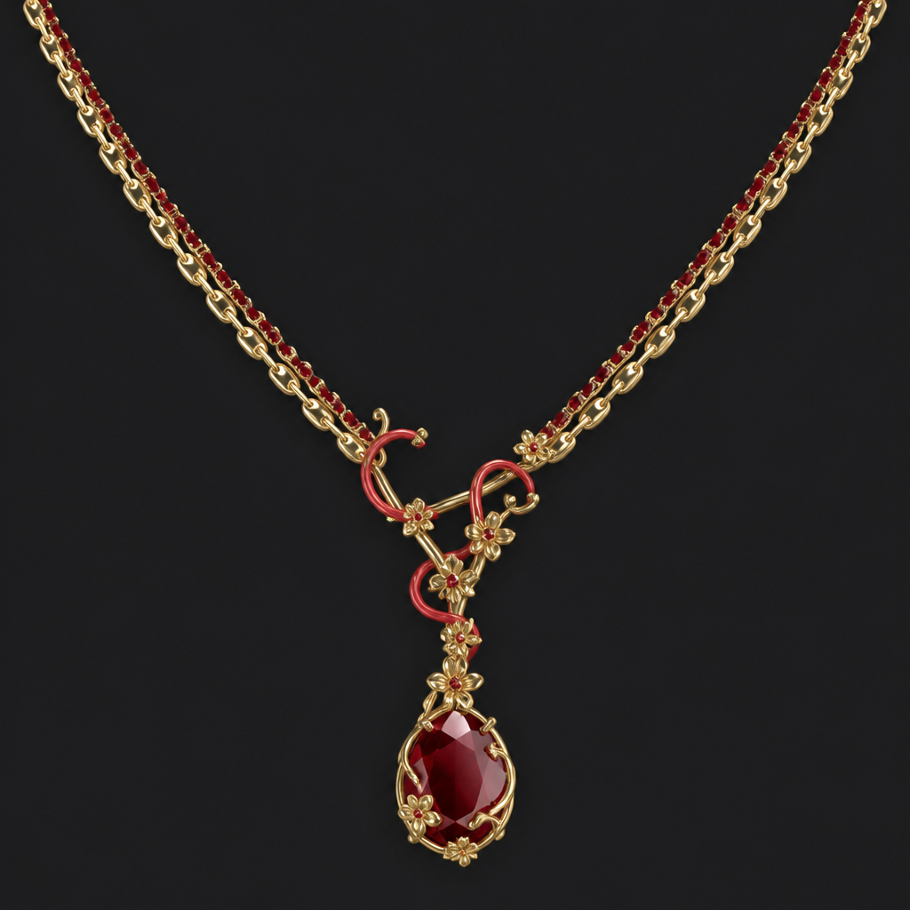 A minimalist women's necklace made of gold with ruby and garnet stones suitable for wedding, highly ornate, intricate and elaborate, richly detailed. uma colar de ouro,cordao baiano junto desse cordao "uma linha"de pedras vermelhas, e um pingente de pedra inspirado em a lenda do fio vermelho ,akai Ito porém esse linha vermelha tem que ser envolta do cordao com detalhes asiático
photorealistic jewelry design, A minimalist women's necklace made of gold with ruby and garnet stones suitable for wedding, highly ornate, intricate and elaborate, richly detailed. uma colar de ouro,cordao baiano junto desse cordao "uma linha"de pedras vermelhas, e um pingente de pedra inspirado em a lenda do fio vermelho ,akai Ito porém esse linha vermelha tem que ser envolta do cordao com detalhes asiático, minimalist style, just the design no text
