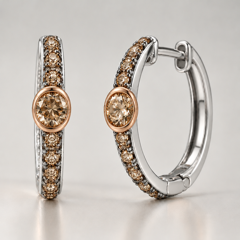 Make bezel setting vertical, leave red gold. Make the rest of earring white gold
edit the attached jewelry design with these instructions: Make bezel setting vertical, leave red gold. Make the rest of earring white gold. keep it photorealistic, just the design no text