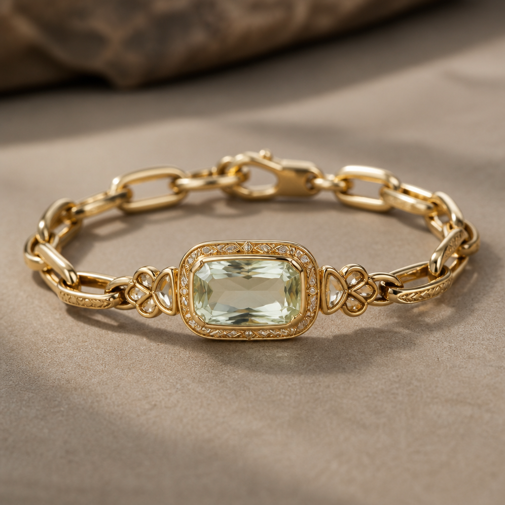 Please design me a gold bracelet, for men .
This is the gem :
A 2 cm x 1 cm Faceted aquamarine. Color is very light green
The design should be simple with a glimpse to the kundan Indian jewellery.
Keep the look simple
photorealistic jewelry design, Please design me a gold bracelet, for men .
This is the gem :
A 2 cm x 1 cm Faceted aquamarine. Color is very light green
The design should be simple with a glimpse to the kundan Indian jewellery.
Keep the look simple , ethnic style, just the design no text