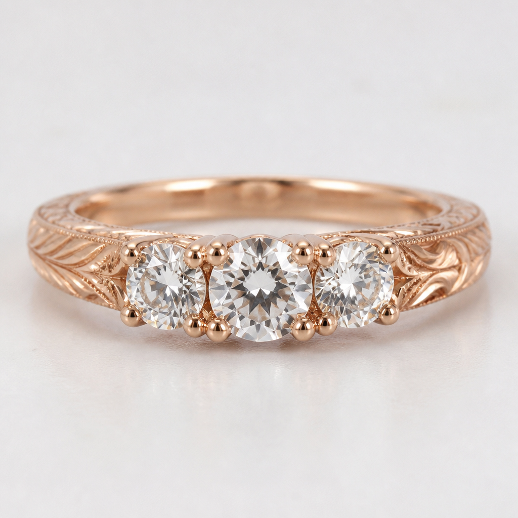 3 stone hand engraved rose gold ring
photorealistic jewelry design, 3 stone hand engraved rose gold ring , just the design no text