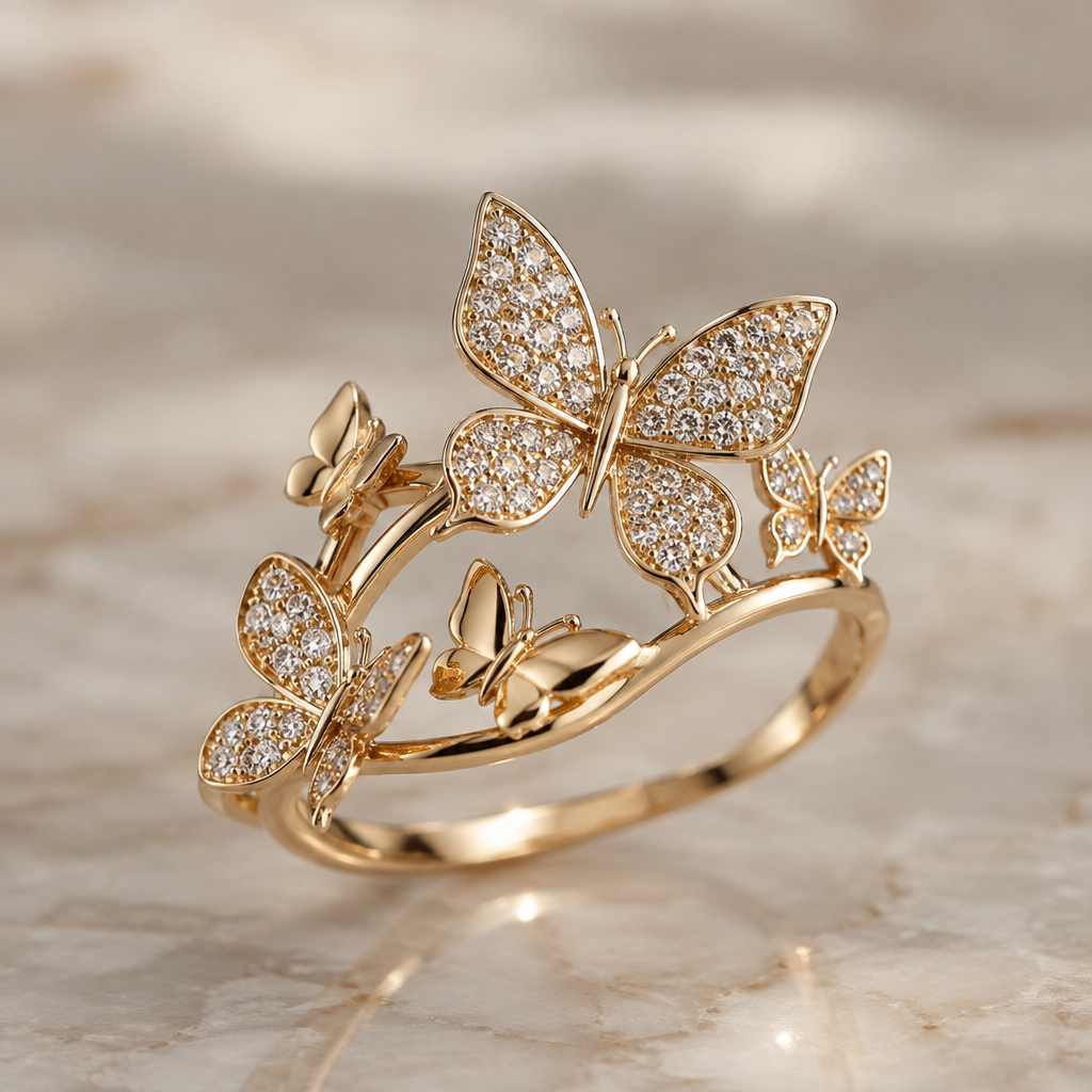 A women's ring. Butterfly ring with a 3 to 4 small butterflies around it
photorealistic jewelry design, A women's ring. Butterfly ring with a 3 to 4 small butterflies around it, modern style, just the design no text