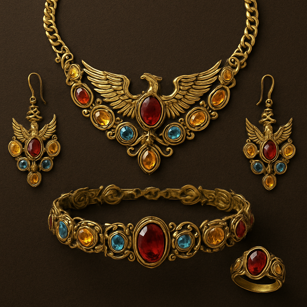 A full Ruby jewelry set including bracelet, earrings and rings with at least 10 citrine and topaz inlays with phoenix themes and an omega necklace