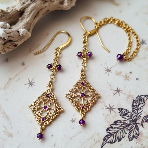 Серьги длинные на цепочках матовое золото мятое. Символ схематично созвездие. Маленькие фиолетовые камушки