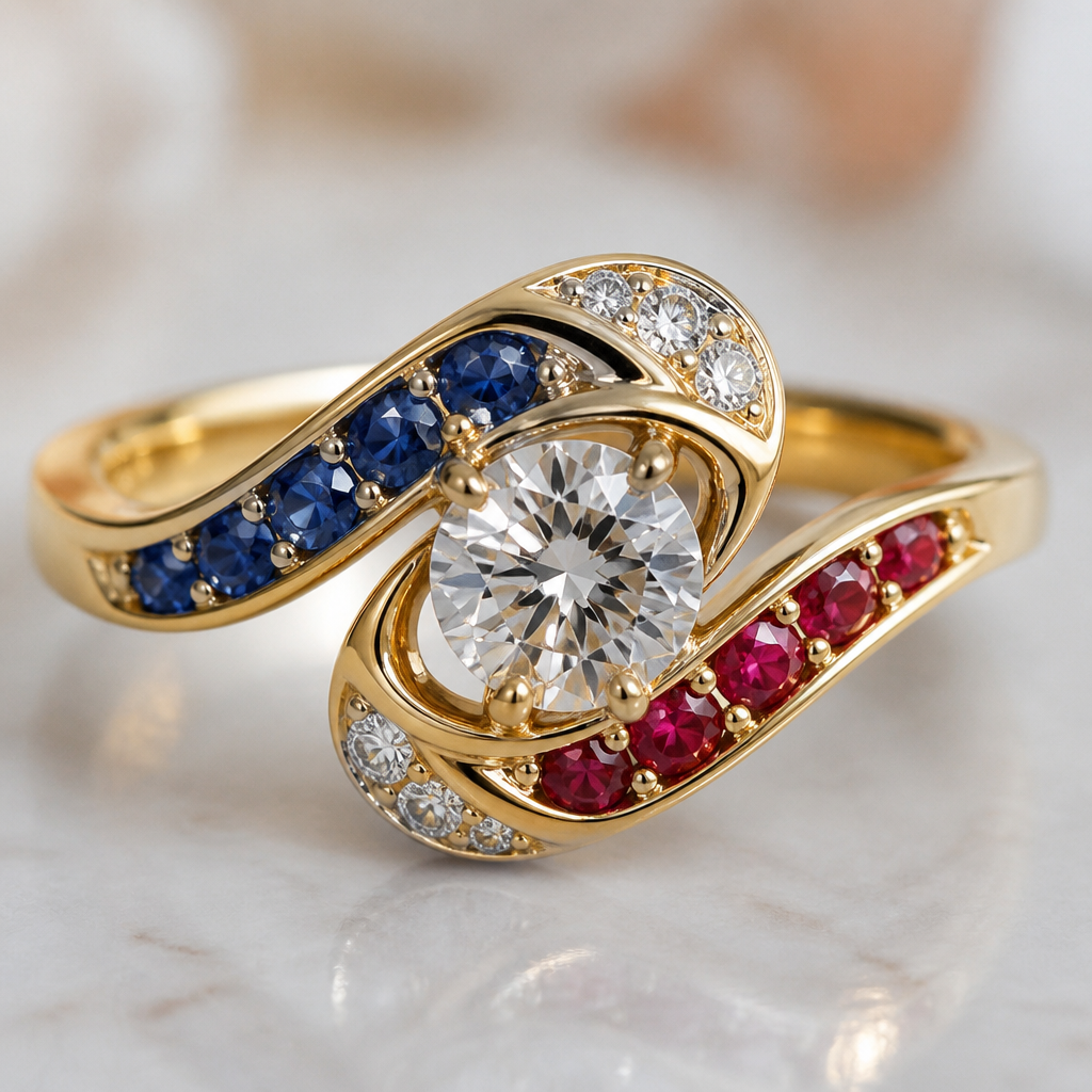 A women's ring with diamond and ruby and sapphire stones. An extraordinary excellent beautiful delicate and elegant modern women solitaire ring.
photorealistic jewelry design, A women's ring with diamond and ruby and sapphire stones. An extraordinary excellent beautiful delicate and elegant modern women solitaire ring., modern style, just the design no text