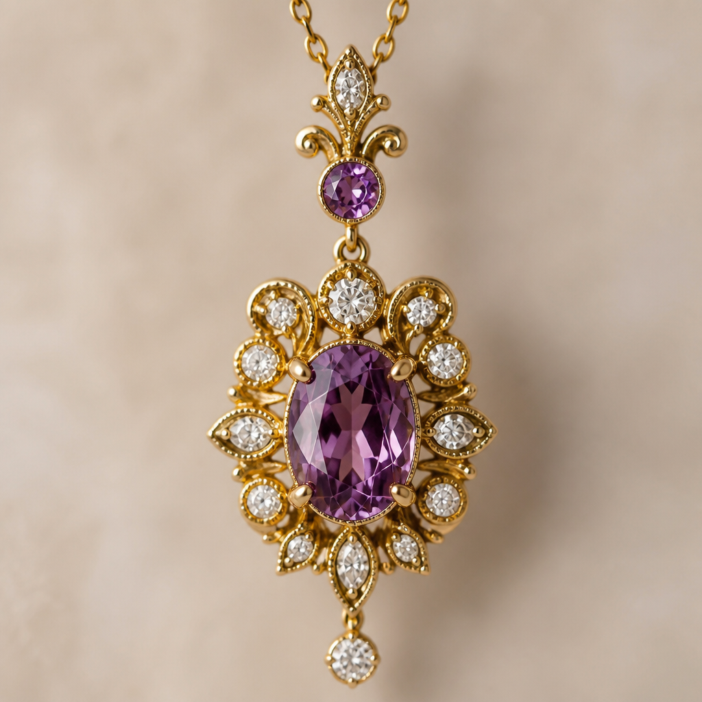A vintage women's pendant made of gold with amethyst and diamond stones suitable for wedding. e. g like the reference photo
photorealistic jewelry design, A vintage women's pendant made of gold with amethyst and diamond stones suitable for wedding. e. g like the reference photo, vintage style, just the design no text