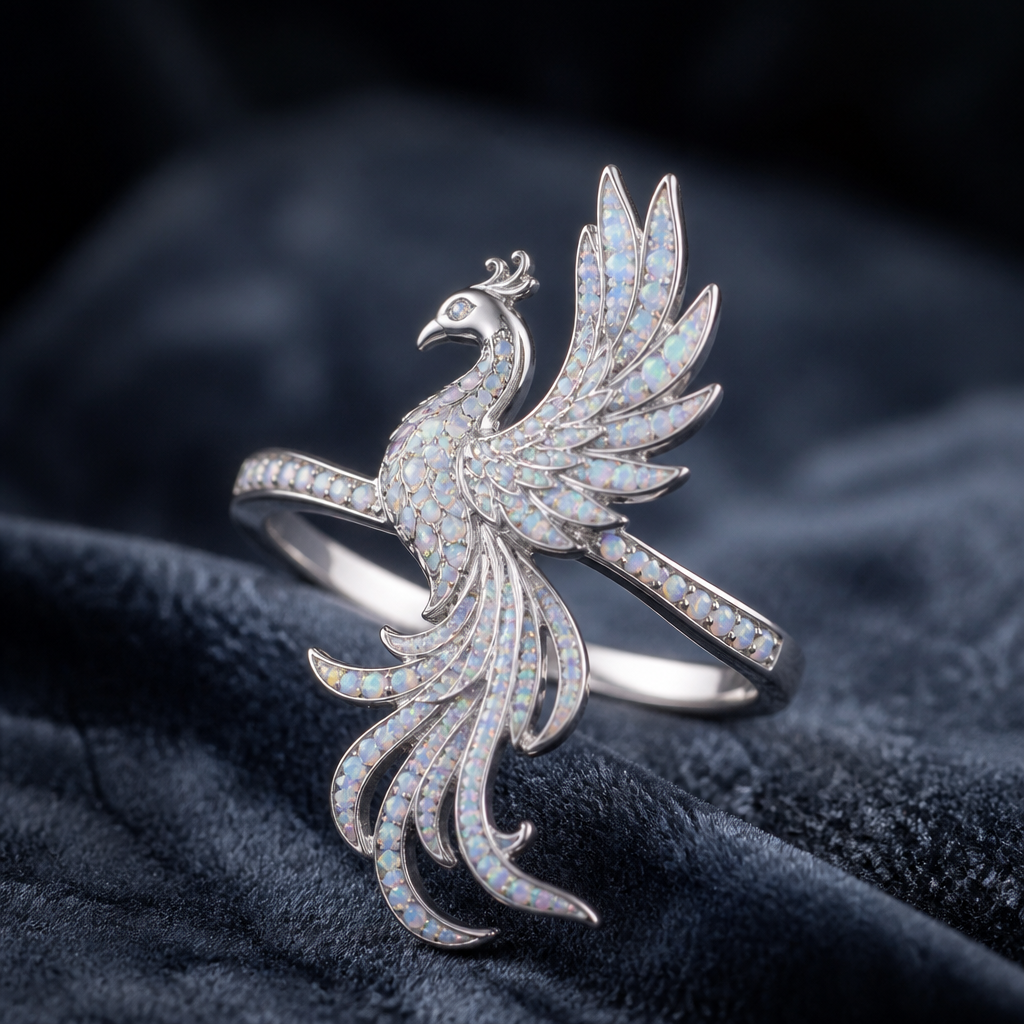 A pavé women's ring made of silver with opal stones suitable for gift. Phoenix 🐦🔥
photorealistic jewelry design, A pavé women's ring made of silver with opal stones suitable for gift. Phoenix 🐦🔥, pave style, just the design no text