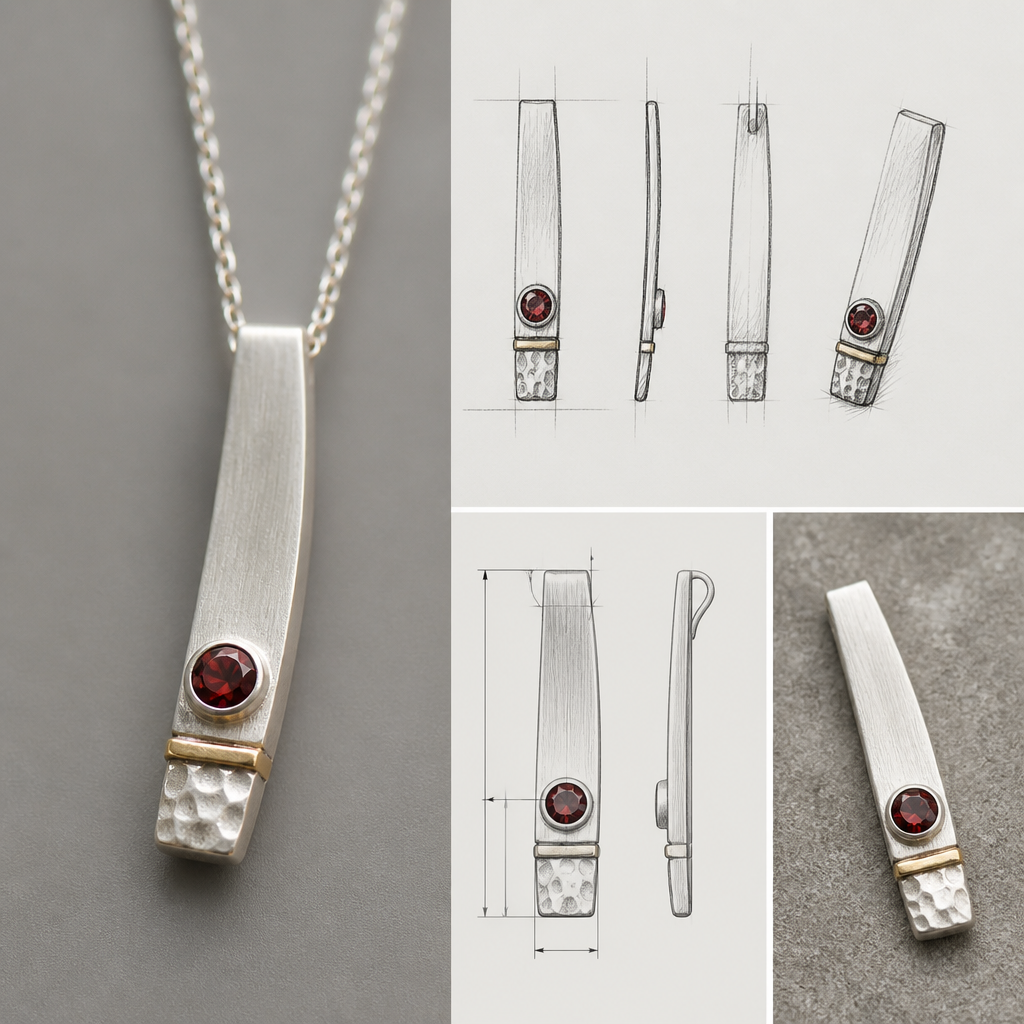 A scandinavian women's pendant made of silver with garnet stones. "photorealistic jewelry design, A scandinavian women's pendant made of silver with garnet stones suitable for daily wear, minimalist. simple and delicate, clean lines. simplistic form minimalist brushed silver finish with an accent of gold and a small section of hammered surface, scandinavian style, with design scketchs and mesurments
photorealistic jewelry design, A scandinavian women's pendant made of silver with garnet stones. "photorealistic jewelry design, A scandinavian women's pendant made of silver with garnet stones suitable for daily wear, minimalist. simple and delicate, clean lines. simplistic form minimalist brushed silver finish with an accent of gold and a small section of hammered surface, scandinavian style, with design scketchs and mesurments, scandinavian style, just the design no text