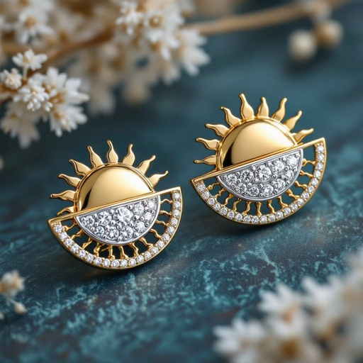 Золотые серьги полукруг половинка горящего солнца мятое неровное золото лучи волнистые другая половинка круга серебряная 