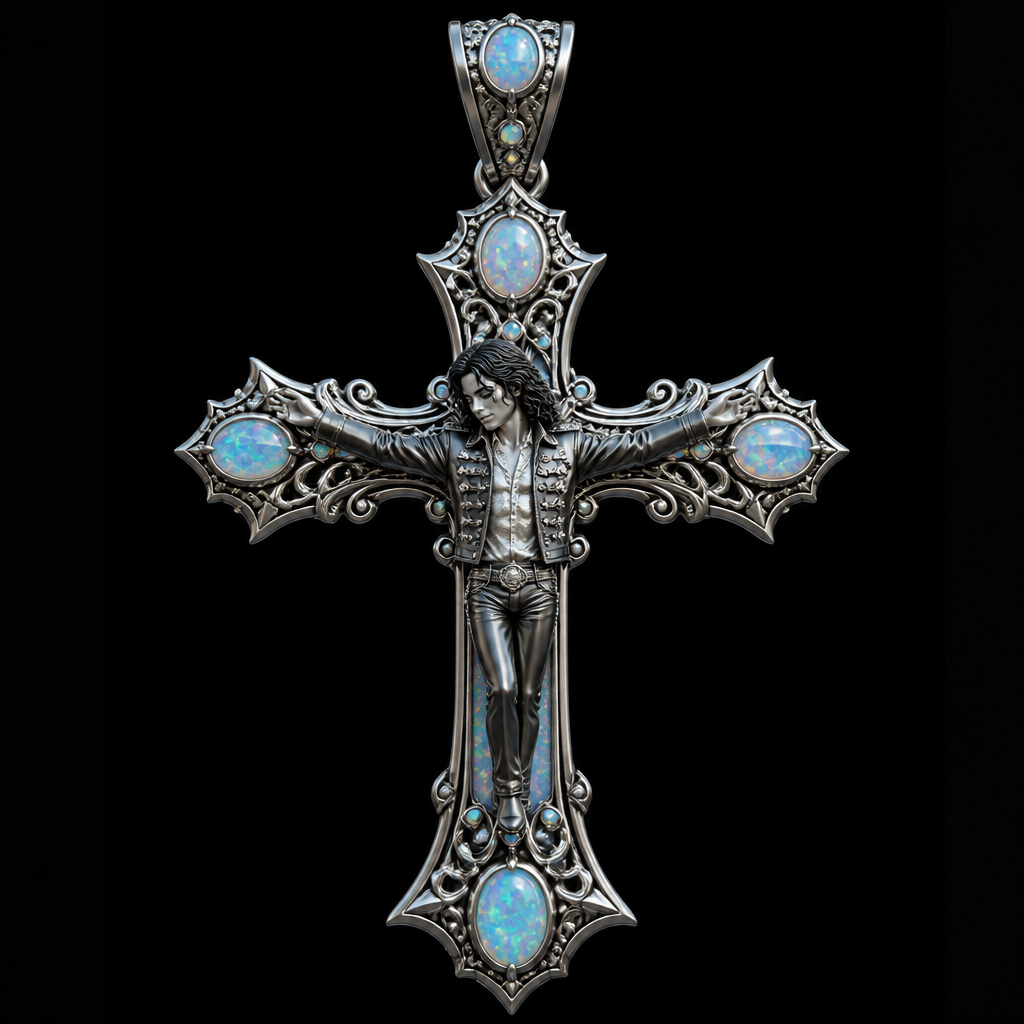 A gothic women's pendant made of platinum with opal stones. una cruz con un michael Jackson
photorealistic jewelry design, A gothic women's pendant made of platinum with opal stones. una cruz con un michael Jackson, gothic style, just the design no text
