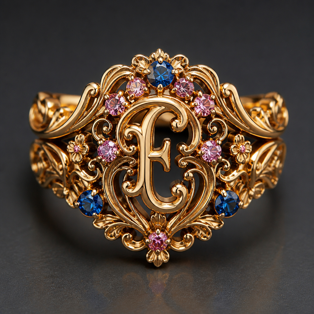 A art nouveau women's ring made of gold, highly ornate, intricate and elaborate, richly detailed. um anel de 15 anos com inicial E com pedrinhas azul e pedrinhas rosa em volta
photorealistic jewelry design, A art nouveau women's ring made of gold, highly ornate, intricate and elaborate, richly detailed. um anel de 15 anos com inicial E com pedrinhas azul e pedrinhas rosa em volta, art_nouveau style, just the design no text