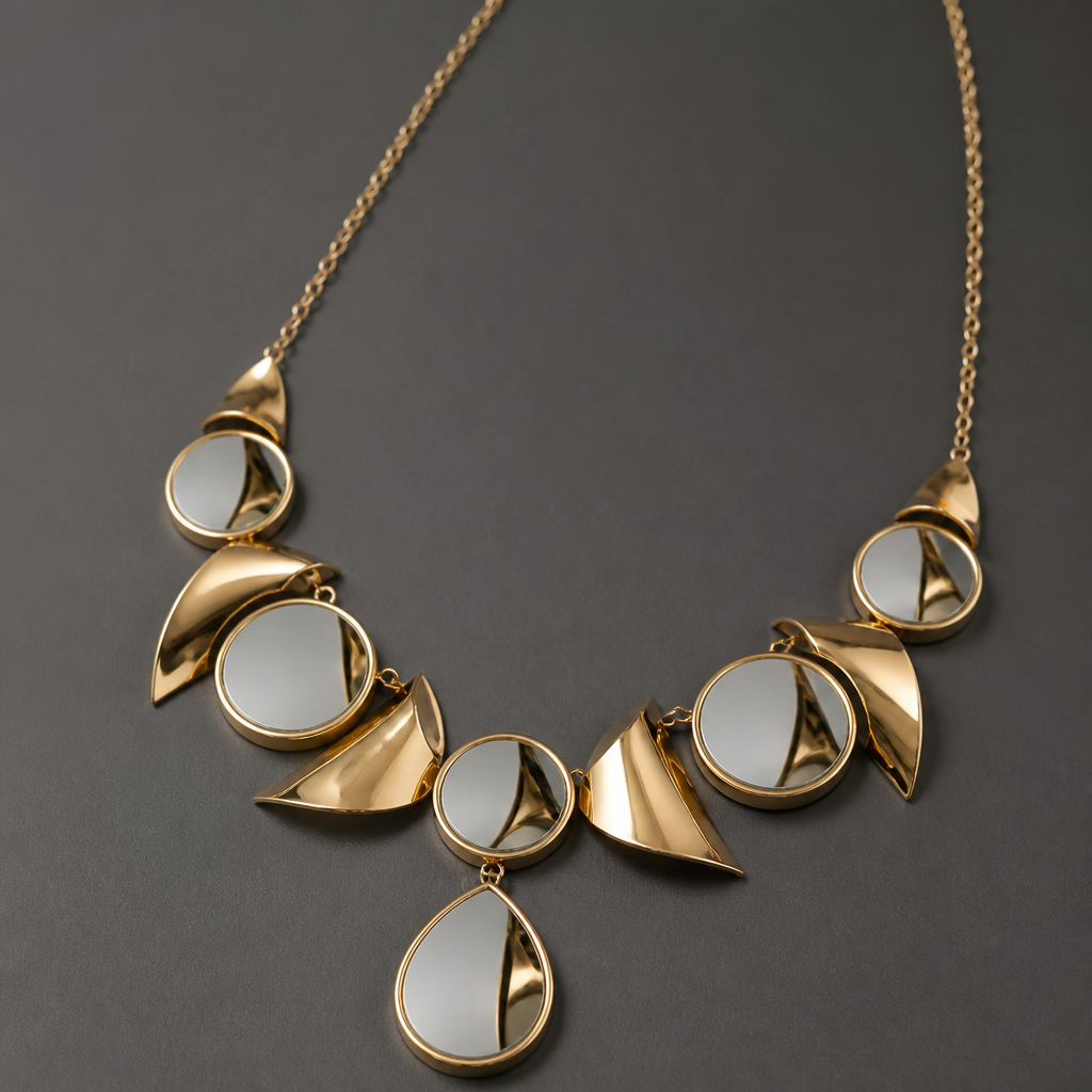 A necklace with gold objects and small mirror object that the reflex of gold objects in the mirror objects make the design completed
photorealistic jewelry design, A necklace with gold objects and small mirror object that the reflex of gold objects in the mirror objects make the design completed, just the design no text