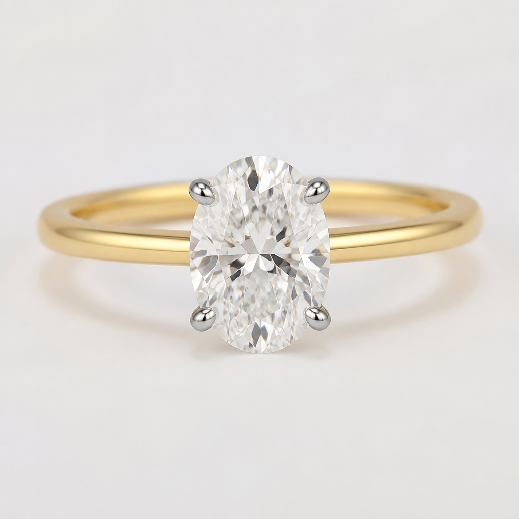 Oval center stone yellow gold band platinum prongs
photorealistic jewelry design, Oval center stone yellow gold band platinum prongs, diamond style, just the design no text