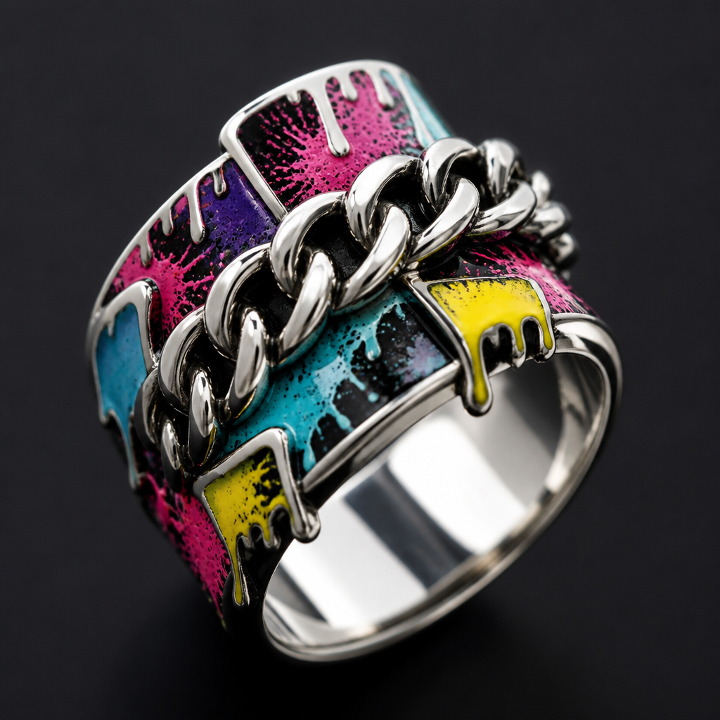 A women's ring. Design graffiti-inspired jewelry with spray paint textures, colorful enamel, street art aesthetic, bold chains, edgy urban fashion vibe”
photorealistic jewelry design, A women's ring. Design graffiti-inspired jewelry with spray paint textures, colorful enamel, street art aesthetic, bold chains, edgy urban fashion vibe”, modern style, just the design no text