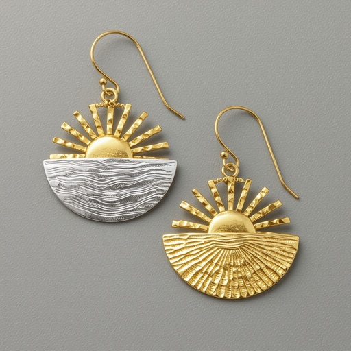 Золотые серьги полукруг половинка горящего солнца мятое неровное золото лучи волнистые другая половинка круга серебряная 