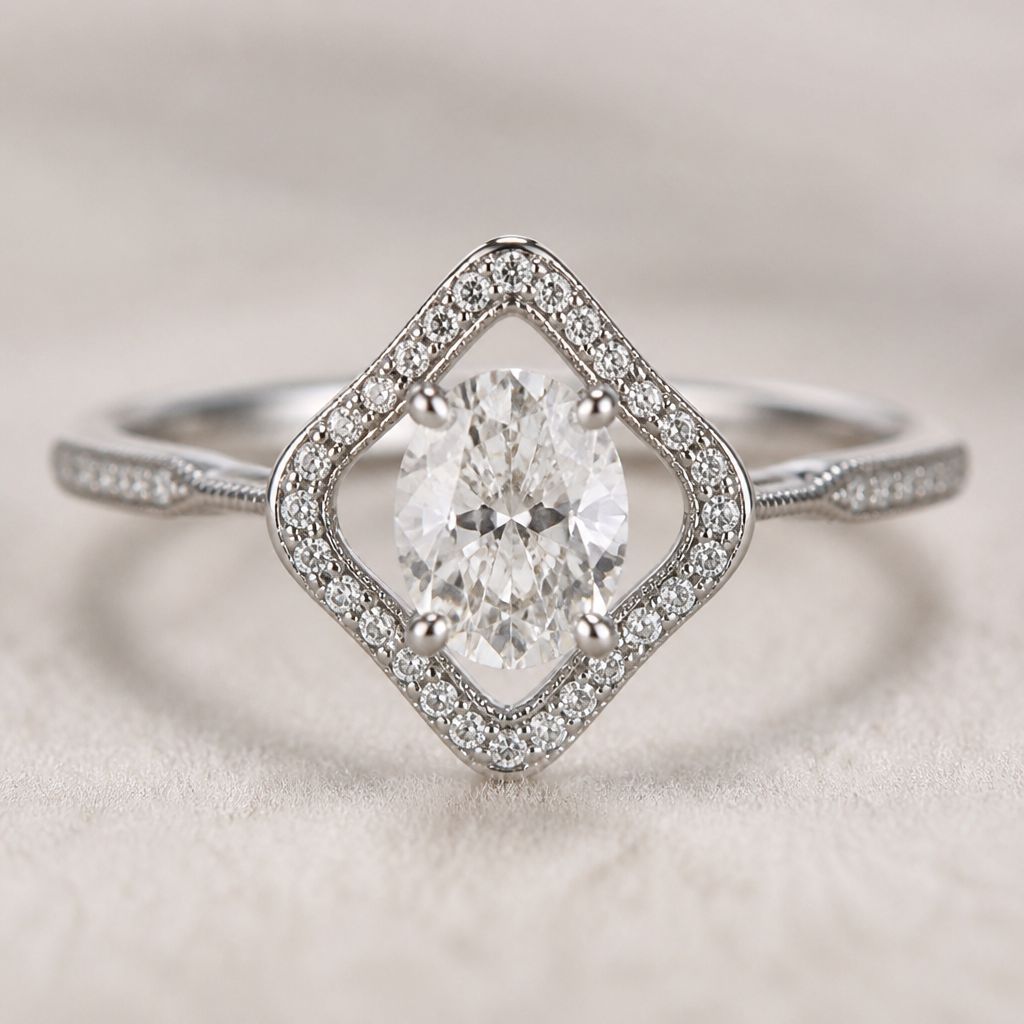 A women's ring made of silver with diamond stones. bague sertie d'un diamant oval, à l'intérieur du carré ligne remplie de petit diamant feminin, delicat, minimaliste metal tres fin, style vintage royal
photorealistic jewelry design, A women's ring made of silver with diamond stones. bague sertie d'un diamant oval, à l'intérieur du carré ligne remplie de petit diamant feminin, delicat, minimaliste metal tres fin, style vintage royal, modern style, just the design no text