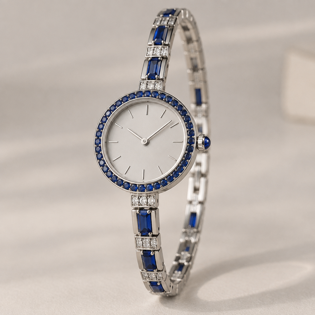 A platinum women's watch made of gold with sapphire stones, minimalist, simple and delicate, clean lines
photorealistic jewelry design, A platinum women's watch made of gold with sapphire stones, minimalist, simple and delicate, clean lines, platinum style, just the design no text