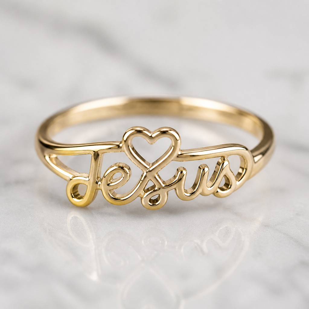 A women's ring. Jesus gold wedding ring with a heart above the word Jesus