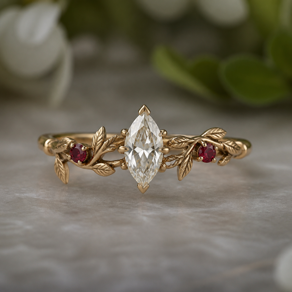 I want the center stone to be a marquise diamond with prong or basket setting and 2 garnet stones on the band itself with leaves around it
photorealistic jewelry design, I want the center stone to be a marquise diamond with prong or basket setting and 2 garnet stones on the band itself with leaves around it , nature_inspired style, just the design no text