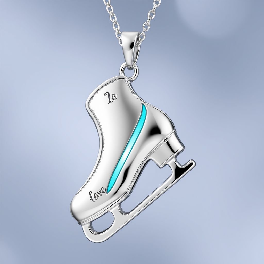 Silver Pendant shape one ice skate with turquoise stripe inside the low thin part blade 