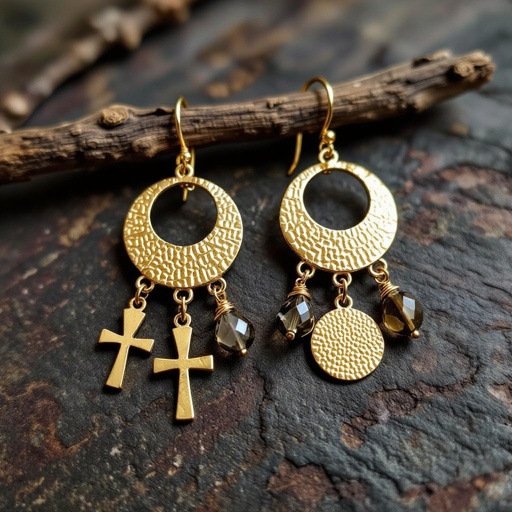 Золотые серьги словно мятое золото в форме узкого изящного полумесяца. Верхушка полумесяца крепится к застежке серьги. К нижней части полумесяца крепятся три подвески: миниатюрный золотой египетриский крест, очень маленький кристалл раухтопаза и маленький золотой кружочек с мятым эффектом плоский