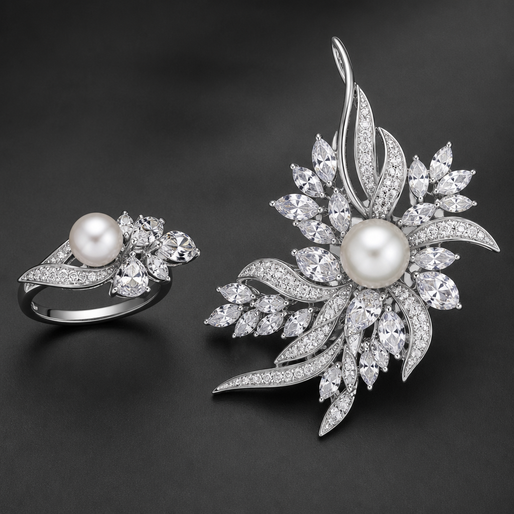 A women's ring with diamond and pearl stones. Diamond Brooch Large
photorealistic jewelry design, A women's ring with diamond and pearl stones. Diamond Brooch Large, modern style, just the design no text