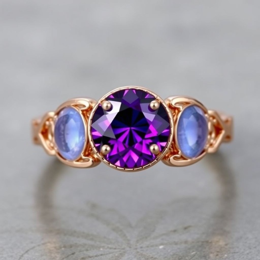 A simple, three stone 18 karat rose gold engagement ring set with a circular purple alexandrite. Also set with a small half moon cut blue chalcedony on one side right next to it, and a small half moon cut moonstone set on the other side right next to it. On the inside of the band, it has an inscription reading, “Tuum. Et in hac vita et in altera.”