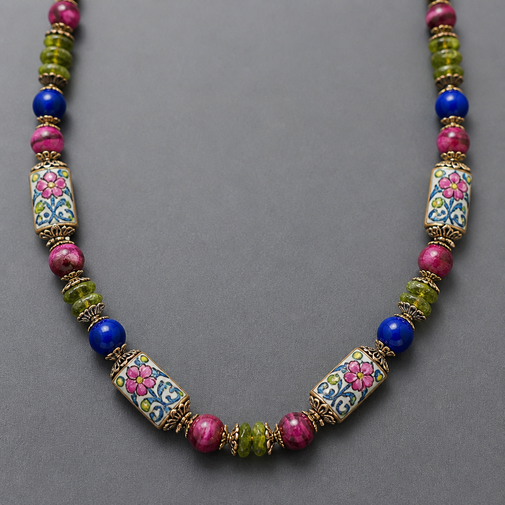 "12mm rectangular hand painted beads with pink flowers and blue vines with green and yellow spots, 8mm lapis round beads, pink tigers eye round beads
8.5 mm, 4-5mm peridot chips necklace "
photorealistic jewelry design, "12mm rectangular hand painted beads with pink flowers and blue vines with green and yellow spots, 8mm lapis round beads, pink tigers eye round beads
8.5 mm, 4-5mm peridot chips necklace ", filigree style, just the design no text