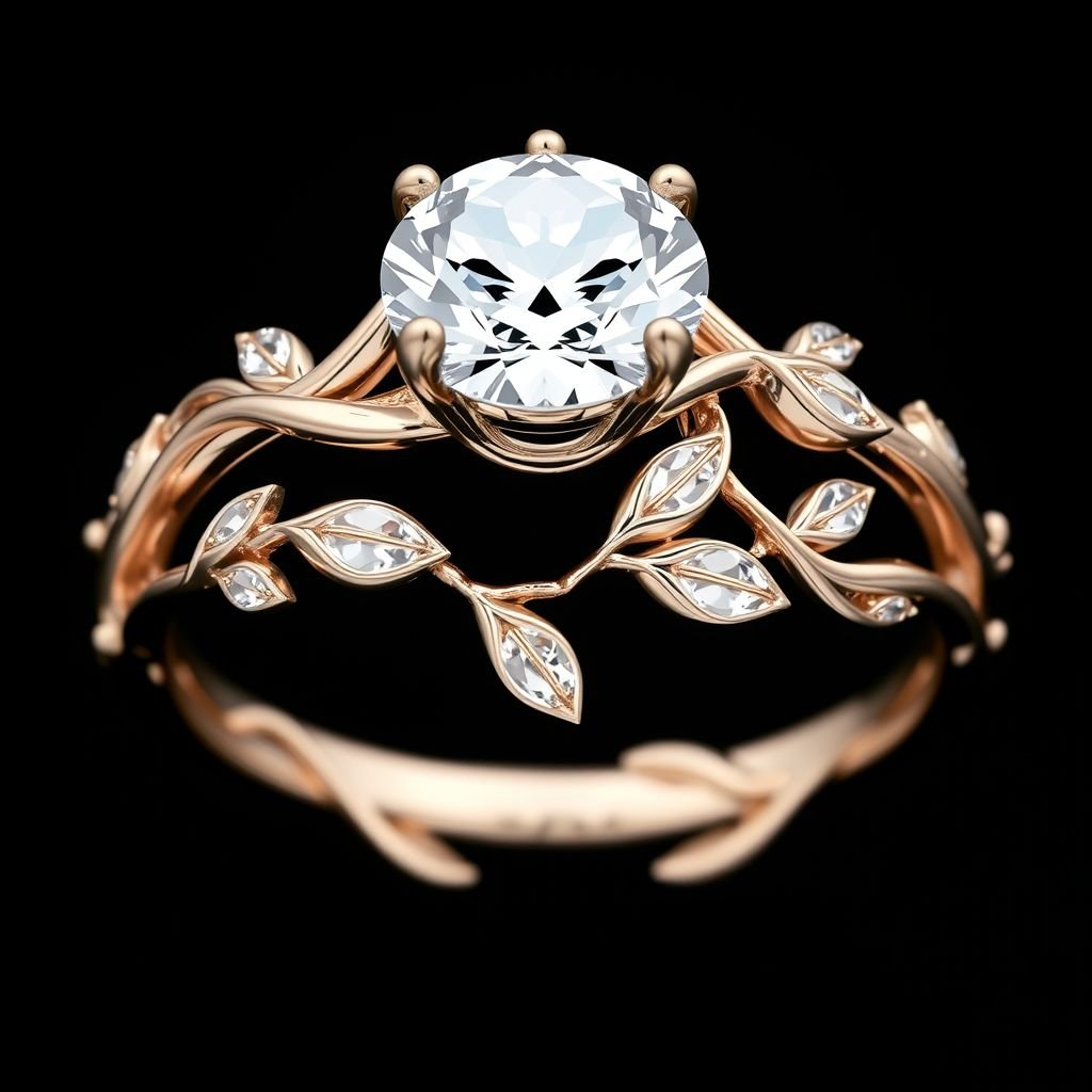 Engagement ring with round stone that is nature inspired with vines in the band and little marquis diamonds as leaves.
Design an enchanting engagement ring featuring a brilliant round center stone, symbolizing eternal love. The band is meticulously crafted to resemble intertwining vines, adorned with delicate marquise diamonds that mimic leaves. This nature-inspired piece blends elegance and whimsy, creating a timeless tribute to romance and the beauty of the natural world.