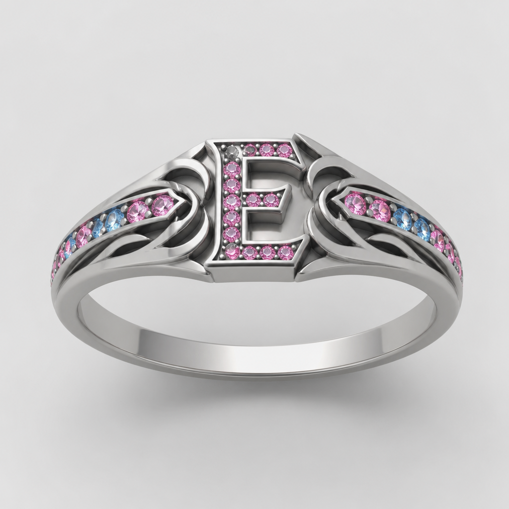A tribal women's ring, ultra-minimalist, very simple and clean, understated, no embellishments. anel de 15 anos com inicial E com pedras rosa dentro com azul e rosa em volta
photorealistic jewelry design, A tribal women's ring, ultra-minimalist, very simple and clean, understated, no embellishments. anel de 15 anos com inicial E com pedras rosa dentro com azul e rosa em volta, tribal style, just the design no text