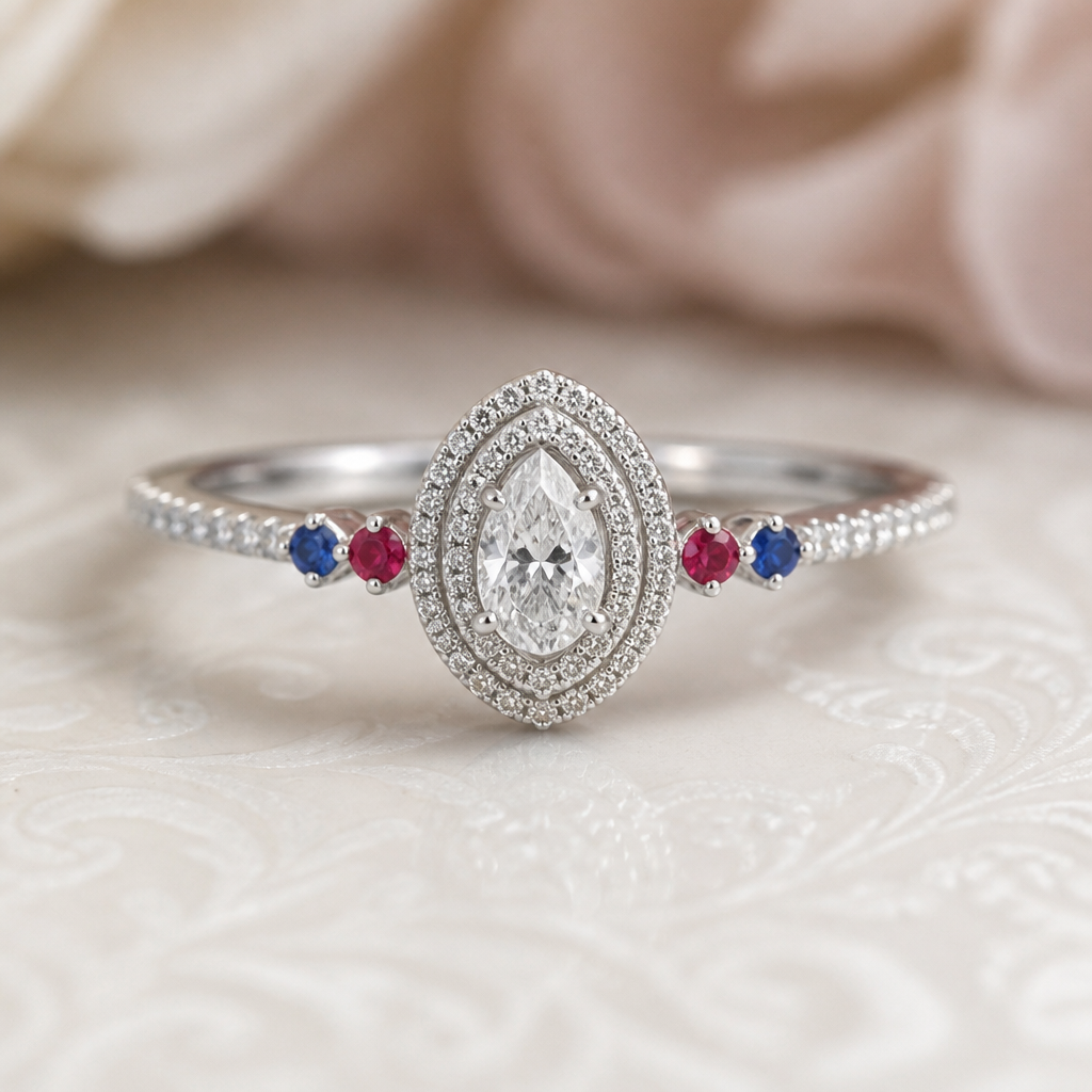 A women's ring. Create a delicate, scaled-down version of a classic pear-shaped double-halo diamond ring. Use a 0.40 carat tearshaped center diamond with a distinctly elongated teardrop shape rather than a rounded pear. Surround the center diamond with a very delicate double halo of tiny round micro-pavé diamonds. Keep the halo narrow and refined, with smaller accent diamonds than a typical engagement ring.
On each side of the center stone, place two small round colored gemstones in a symmetrical arrangement: a ruby closest to the center diamond, followed by a blue sapphire farther toward the outside of the band. The stone arrangement should be: ruby → sapphire → center diamond → sapphire → ruby.
The ruby and sapphire should be noticeably smaller than the center diamond and integrated delicately into the shoulders of the ring rather than appearing like prominent side stones. Use a slim pavé diamond band and a white gold or platinum setting. The entire ring should have a petite, feminine, heirloom-quality appearance and should look like a smaller, more delicate version of an elegant double-halo engagement ring—not a traditional mother's birthstone ring
photorealistic jewelry design, A women's ring. Create a delicate, scaled-down version of a classic pear-shaped double-halo diamond ring. Use a 0.40 carat tearshaped center diamond with a distinctly elongated teardrop shape rather than a rounded pear. Surround the center diamond with a very delicate double halo of tiny round micro-pavé diamonds. Keep the halo narrow and refined, with smaller accent diamonds than a typical engagement ring.
On each side of the center stone, place two small round colored gemstones in a symmetrical arrangement: a ruby closest to the center diamond, followed by a blue sapphire farther toward the outside of the band. The stone arrangement should be: ruby → sapphire → center diamond → sapphire → ruby.
The ruby and sapphire should be noticeably smaller than the center diamond and integrated delicately into the shoulders of the ring rather than appearing like prominent side stones. Use a slim pavé diamond band and a white gold or platinum setting. The entire ring should have a petite, feminine, heirloom-quality appearance and should look like a smaller, more delicate version of an elegant double-halo engagement ring—not a traditional mother's birthstone ring, modern style, just the design no text