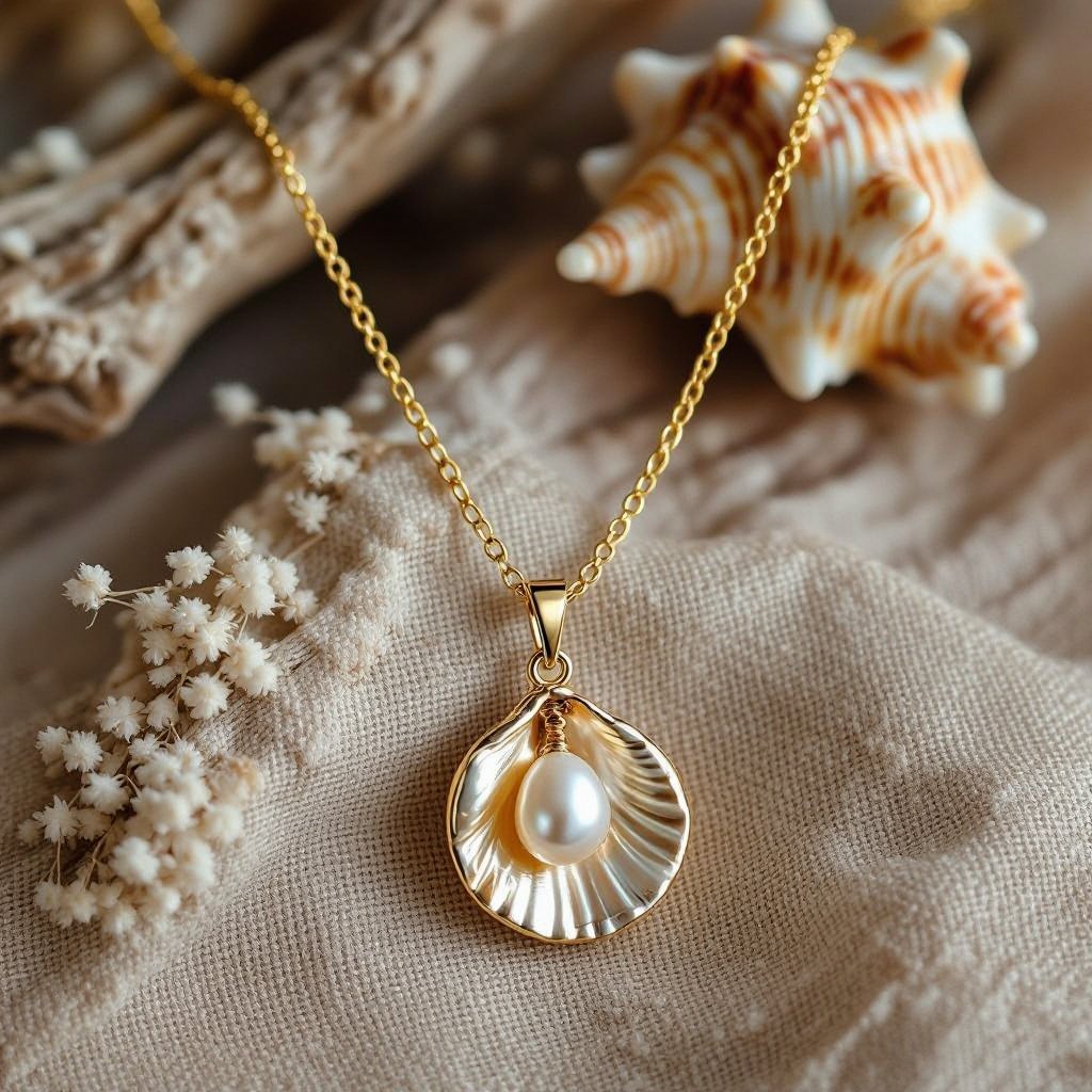 Украшение на шею золотая цепочка с подвеской в виде ракушки с жемчугом внутри