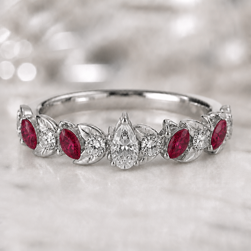 make the center stone a one carat tear drop diamond
edit the attached jewelry design with these instructions: make the center stone a one carat tear drop diamond. keep it photorealistic, just the design no text