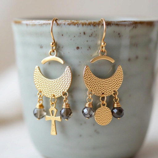 Золотые серьги словно мятое золото в форме узкого изящного полумесяца. Верхушка полумесяца крепится к застежке серьги. К нижней части полумесяца крепятся три подвески: миниатюрный золотой египетриский крест, очень маленький кристалл раухтопаза и маленький золотой кружочек с мятым эффектом плоский