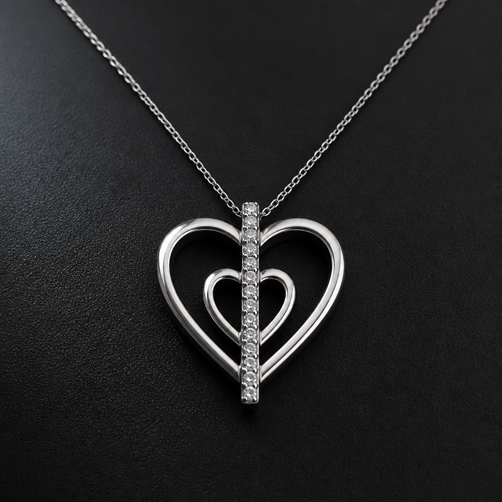 A women's necklace made of silver with diamond stones. metal fin et ligne droit de diamand au milieu du coeur, qui est dans le coeur
photorealistic jewelry design, A women's necklace made of silver with diamond stones. metal fin et ligne droit de diamand au milieu du coeur, qui est dans le coeur, modern style, just the design no text
