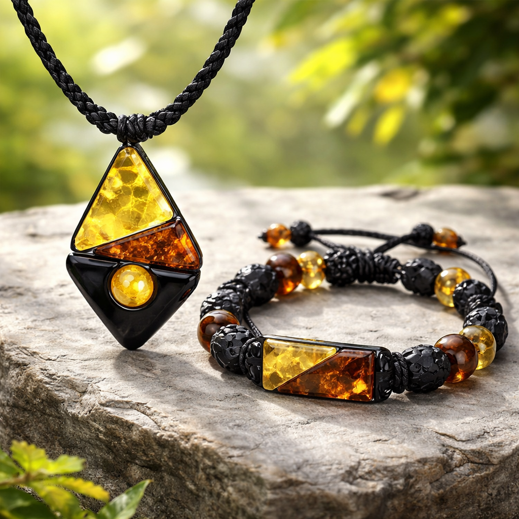 Tik gintaro karolis ir apyrake vyrui, citrinos spalvos konjako spalvos juoda su idomiu dizainu be metalu pavasarines nuotaikos trikampio apskritimo staciakampio forma