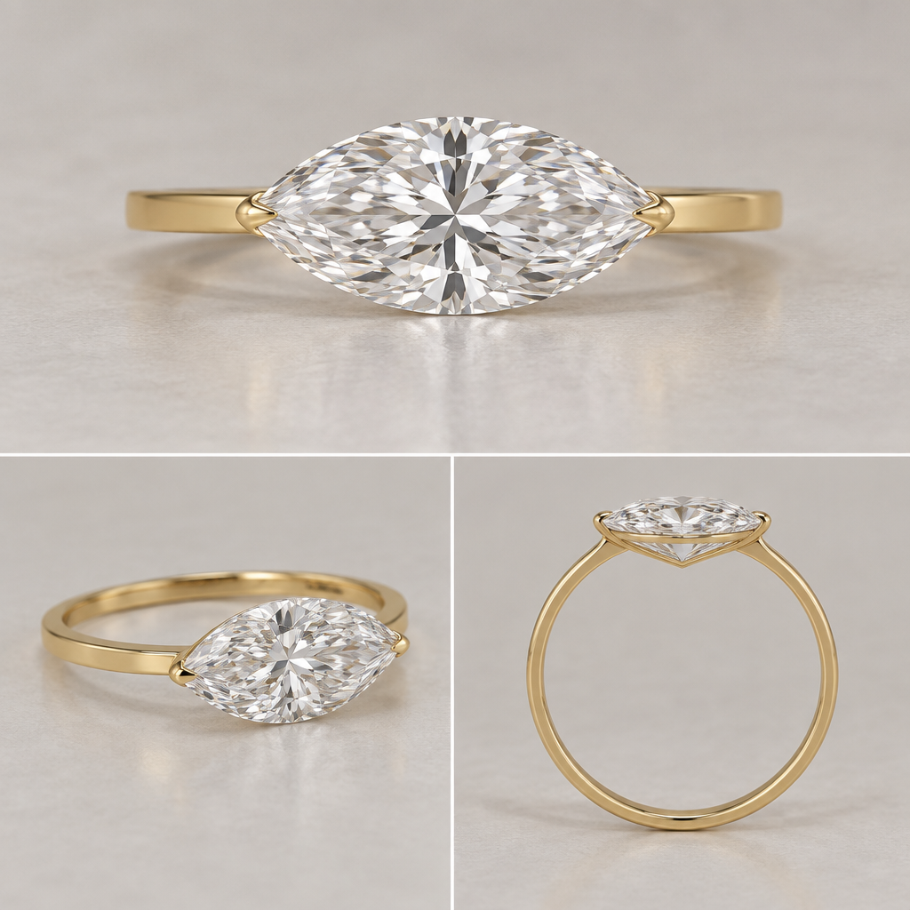 A women's ring, detailed and decorative, moderately ornate. Create a high-end, photorealistic fine-jewelry rendering of a single 1.90 carat marquise-cut diamond mounted east-to-west on a very thin, flat 18k yellow-gold band. The diamond must dominate the design and appear almost visually unsupported from the face-up view. Use exactly two extremely minimal yellow-gold claws, securing only the east and west points of the marquise. The claws should hug the diamond's outline as tightly as physically possible and remain visually unobtrusive. No halo, bezel, gallery rail, decorative metal, side stones, or additional prongs.
The flat shank should transition continuously and smoothly into the two point claws, with no bulbous shoulders, hooks, or ornamental curves. Any additional structural support required to securely hold the diamond should be concealed beneath the marquise pavilion and invisible from the face-up view. Maintain realistic pavilion clearance and physically plausible stone security for a 1.90 ct diamond intended for everyday wear.
Show the same exact ring and diamond in three views: straight-on face-up, 3/4 angle, and true side/profile. Keep the diamond's shape, proportions, east-west orientation, band width, setting architecture, and proportions identical in every view. The side view must show a realistic diamond pavilion and enough concealed gold structure to make the setting physically constructible.
The aesthetic is extremely minimal, contemporary, architectural, and luxurious: visually, the goal is a large marquise diamond seemingly suspended over a simple flat gold band, while the actual construction remains realistic and secure.
photorealistic jewelry design, A women's ring, detailed and decorative, moderately ornate. Create a high-end, photorealistic fine-jewelry rendering of a single 1.90 carat marquise-cut diamond mounted east-to-west on a very thin, flat 18k yellow-gold band. The diamond must dominate the design and appear almost visually unsupported from the face-up view. Use exactly two extremely minimal yellow-gold claws, securing only the east and west points of the marquise. The claws should hug the diamond's outline as tightly as physically possible and remain visually unobtrusive. No halo, bezel, gallery rail, decorative metal, side stones, or additional prongs.
The flat shank should transition continuously and smoothly into the two point claws, with no bulbous shoulders, hooks, or ornamental curves. Any additional structural support required to securely hold the diamond should be concealed beneath the marquise pavilion and invisible from the face-up view. Maintain realistic pavilion clearance and physically plausible stone security for a 1.90 ct diamond intended for everyday wear.
Show the same exact ring and diamond in three views: straight-on face-up, 3/4 angle, and true side/profile. Keep the diamond's shape, proportions, east-west orientation, band width, setting architecture, and proportions identical in every view. The side view must show a realistic diamond pavilion and enough concealed gold structure to make the setting physically constructible.
The aesthetic is extremely minimal, contemporary, architectural, and luxurious: visually, the goal is a large marquise diamond seemingly suspended over a simple flat gold band, while the actual construction remains realistic and secure., modern style, just the design no text