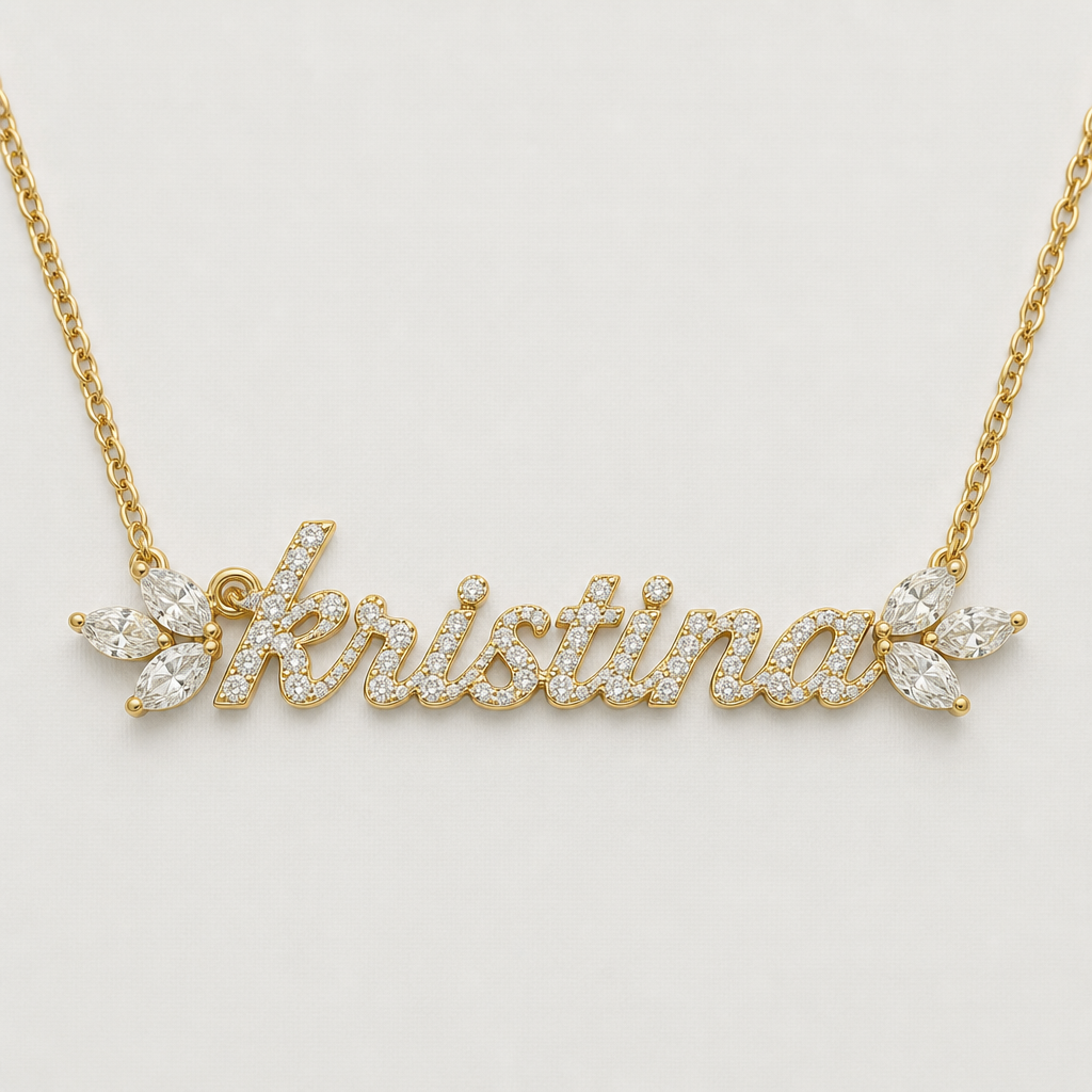 "name "kristina" in gold necklace with diamonds and marquis diamonds on sides
photorealistic jewelry design, "name "kristina" in gold necklace with diamonds and marquis diamonds on sides , just the design no text
