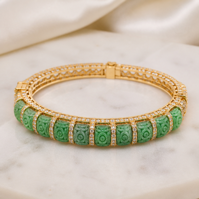 A bangle women's bracelet made of gold with diamond stones suitable for daily wear, detailed and decorative, moderately ornate. Use 12 tablets.
using the attached image as a visual reference, create A bangle women's bracelet made of gold with diamond stones suitable for daily wear, detailed and decorative, moderately ornate. Use 12 tablets.. photorealistic, just the design no text