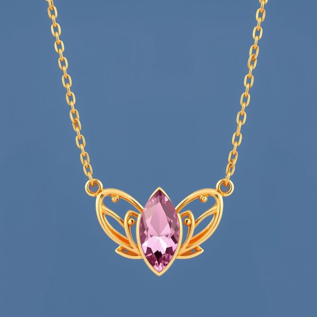 A everyday wear but delicate small gold necklace with a pink pendant color gemstone in a marquise cut. All the details are delicate and they rappresent the petals of the flower lotus.