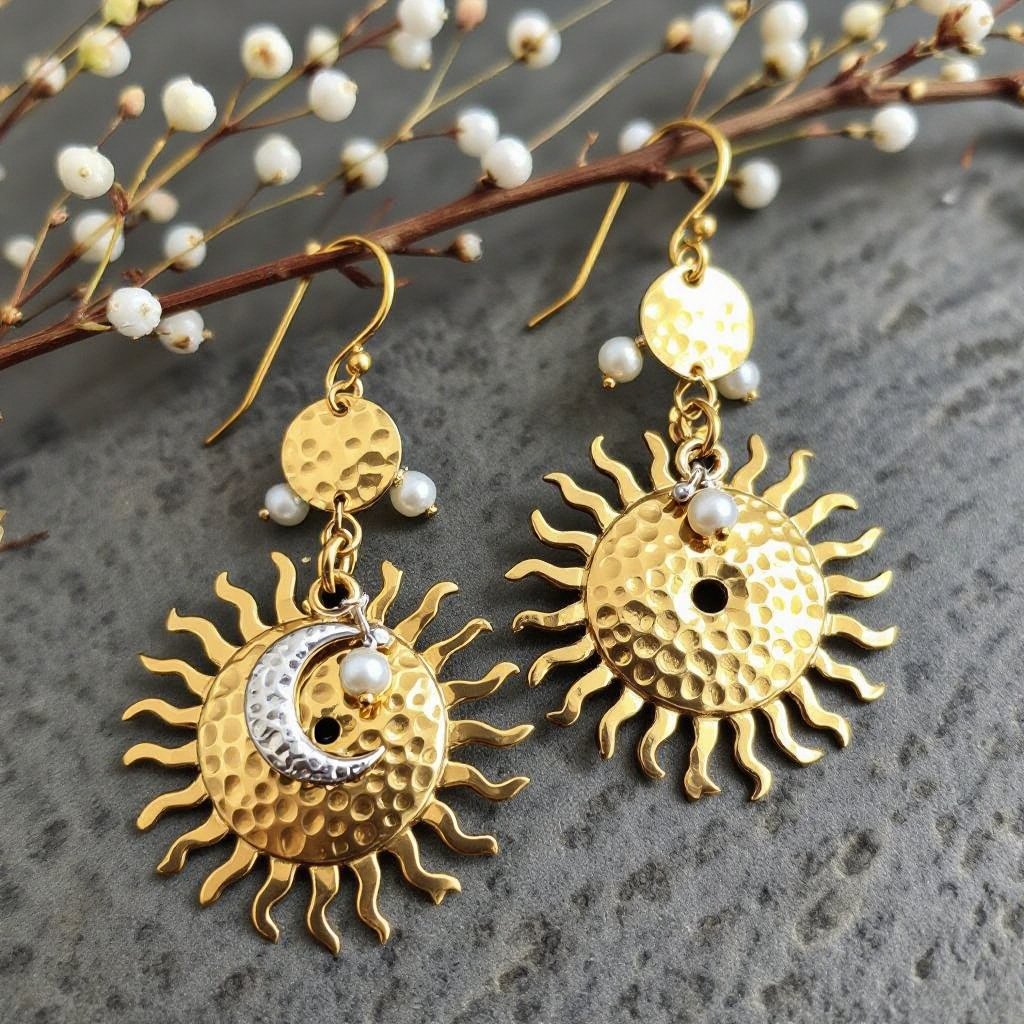 Золотые серьги словно мятое золото в форме солнца с волнистыми лучами, в центре солнца круглая дыра. крепится к застежке серьги. К нижней части солнца крепятся подвески: миниатюрная серебристая луна, очень маленький жемчуг и маленький золотой кружочек с мятым эффектом плоский