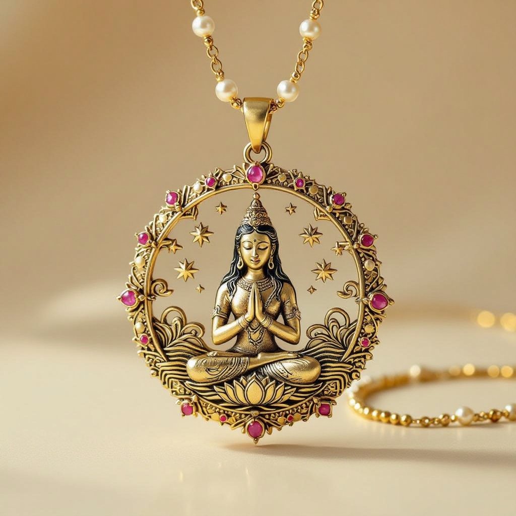 Кулон на длинной цепочке. Матовое светлое золото. В цепочке небольшие золотые шарики и розовые камушки и жемчуга. Кулон в форме неровного мятого круга. На круге изображена девушка с длинными волосами лица не видно в молитве и позе лотоса нечетко. Круг украшен лотосами звездами волнами узорами