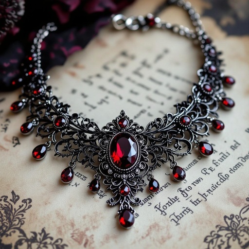 Necklace vampiric, black lace with blood red gems, intricate design
