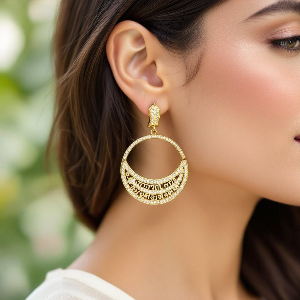 Серьги золотые в форме изогнутого изящного полумесяца, полукруг как продолжение застежки, на полукруге надписи мантрами на санскрите