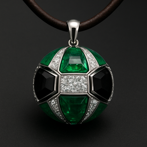 a necklace on leather strap with 3d ball that has 8 big slices emerald, black and diamonds white gold setting 