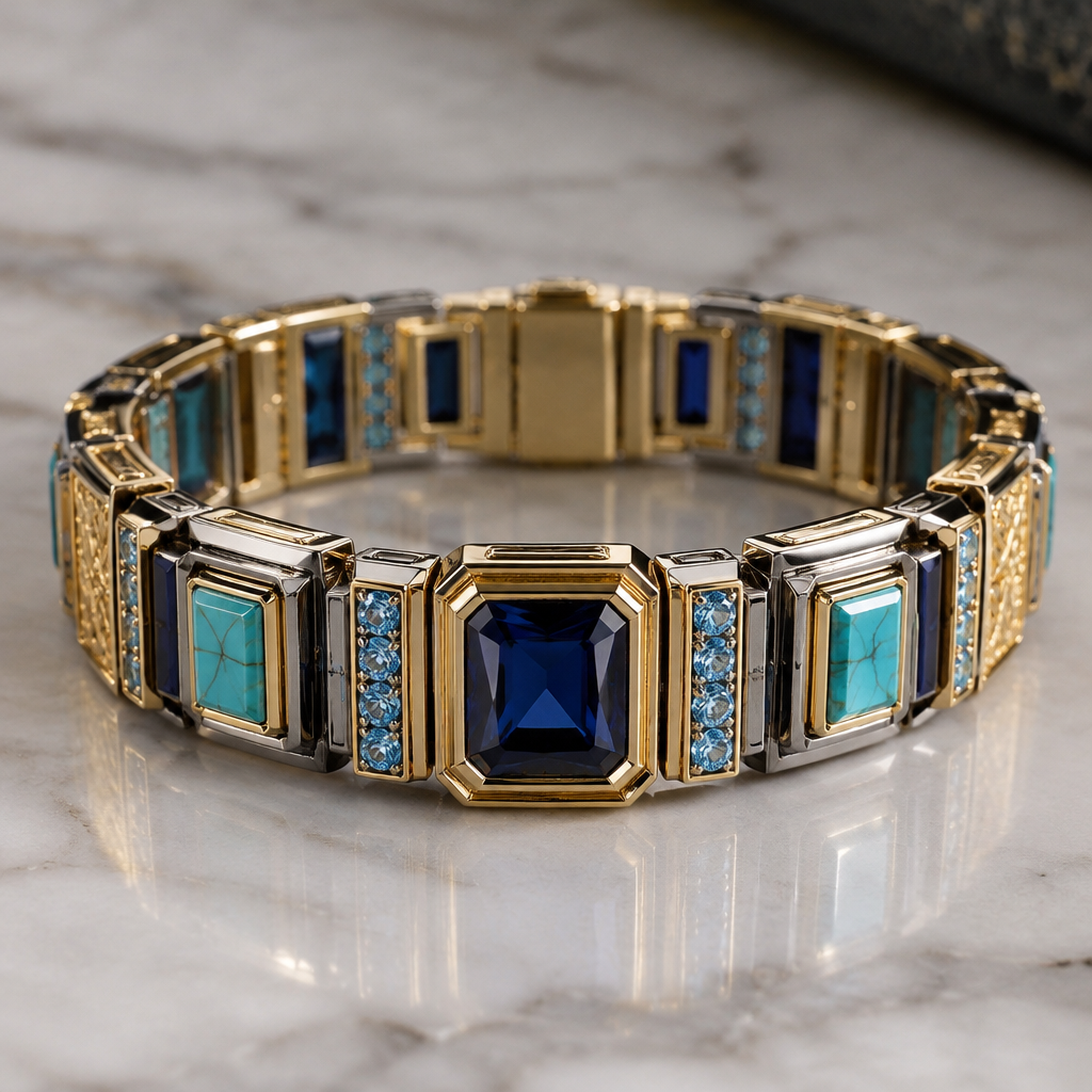 A geometric men's bracelet made of mixed metal with sapphire and aquamarine and turquoise stones suitable for wedding, detailed and decorative, moderately ornate. look royal
photorealistic jewelry design, A geometric men's bracelet made of mixed metal with sapphire and aquamarine and turquoise stones suitable for wedding, detailed and decorative, moderately ornate. look royal, geometric style, just the design no text